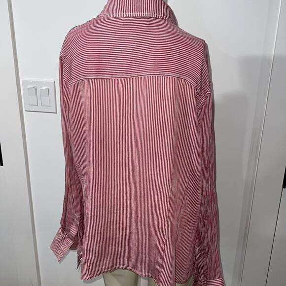 I.e. women’s silk blouse size 1X red and white striped button down shirt - Picture 6 of 7